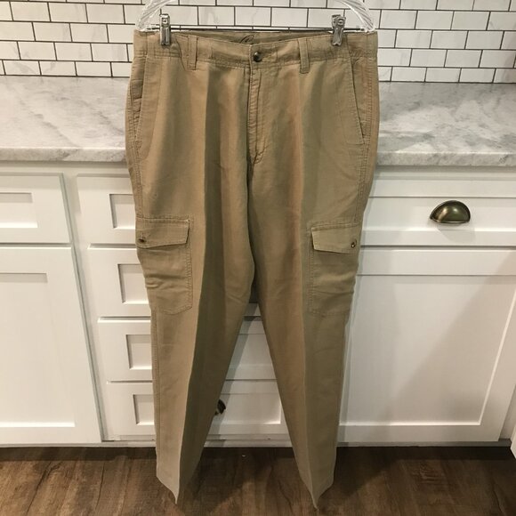 Roundtree & Yorke Cargo Pants Mens 34x32 Khaki Linen Cotton Straight Fit Casual - Picture 1 of 11